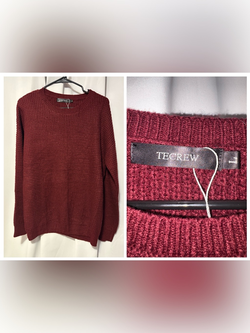 Tecrew Waffle-Knit Crewneck Sweater in Deep Wine